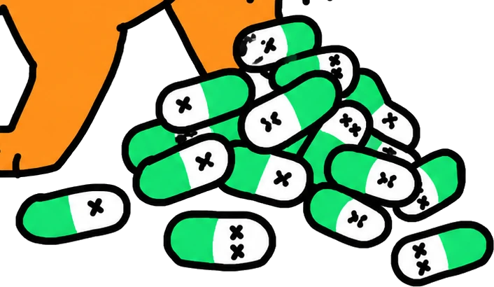 a heap of green and white pills, each one with little x eyes